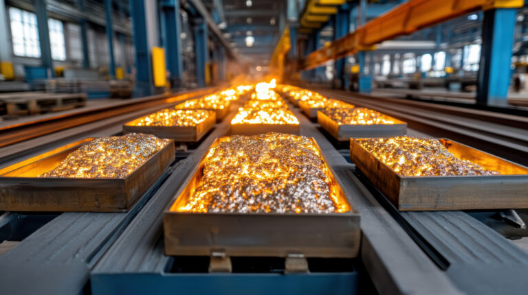 Molten metal flows through trays in steel mill factory, showcasing industrial processes